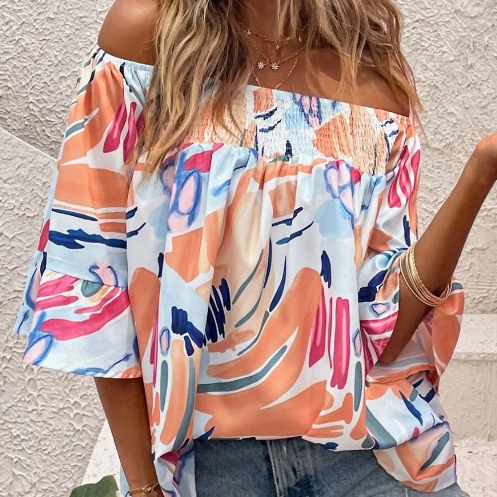 Boho Print Off Shoulder Blouse - Picture 2 of 10